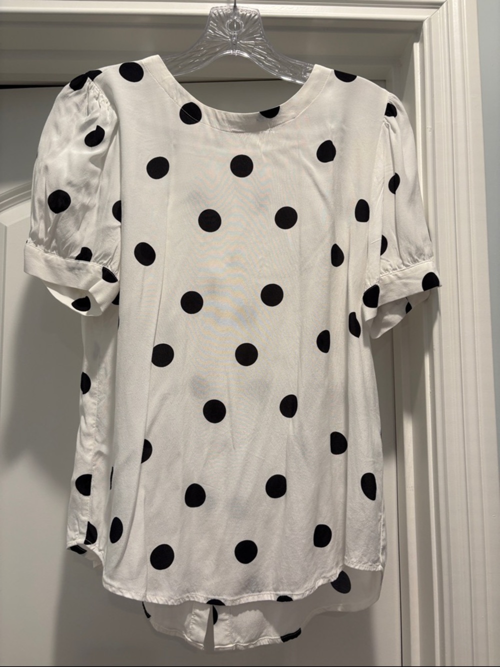 LOFT White Blouse with Navy Polka Dots and Puff Sleeves